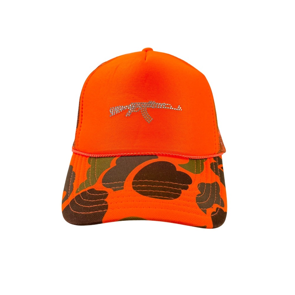 Muerte Blaze Orange Camo Trucker Hat Rhinestone Rifle Graphic Snapback Cap